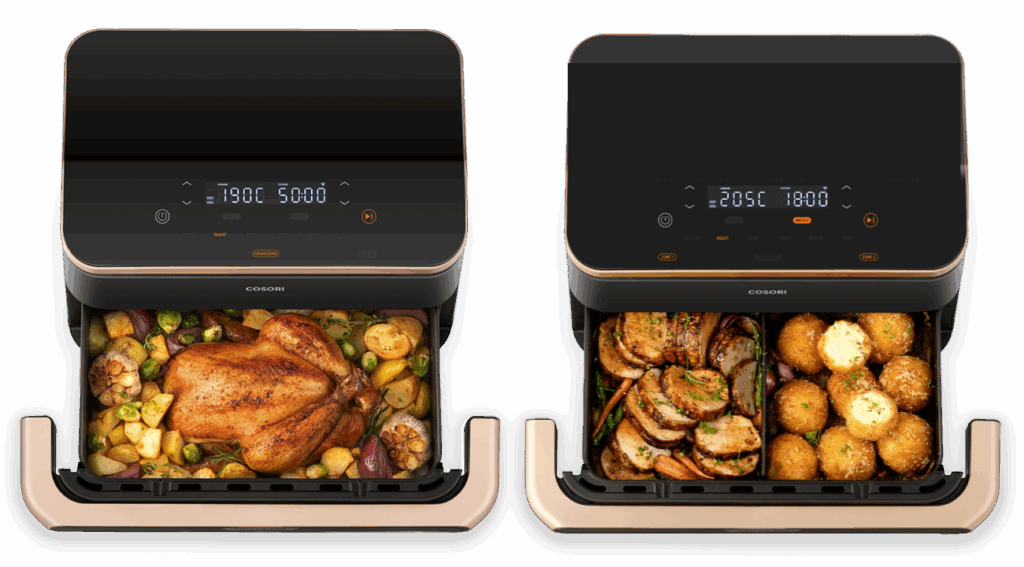 Frango e carne assados em fritadeira de ar quente.