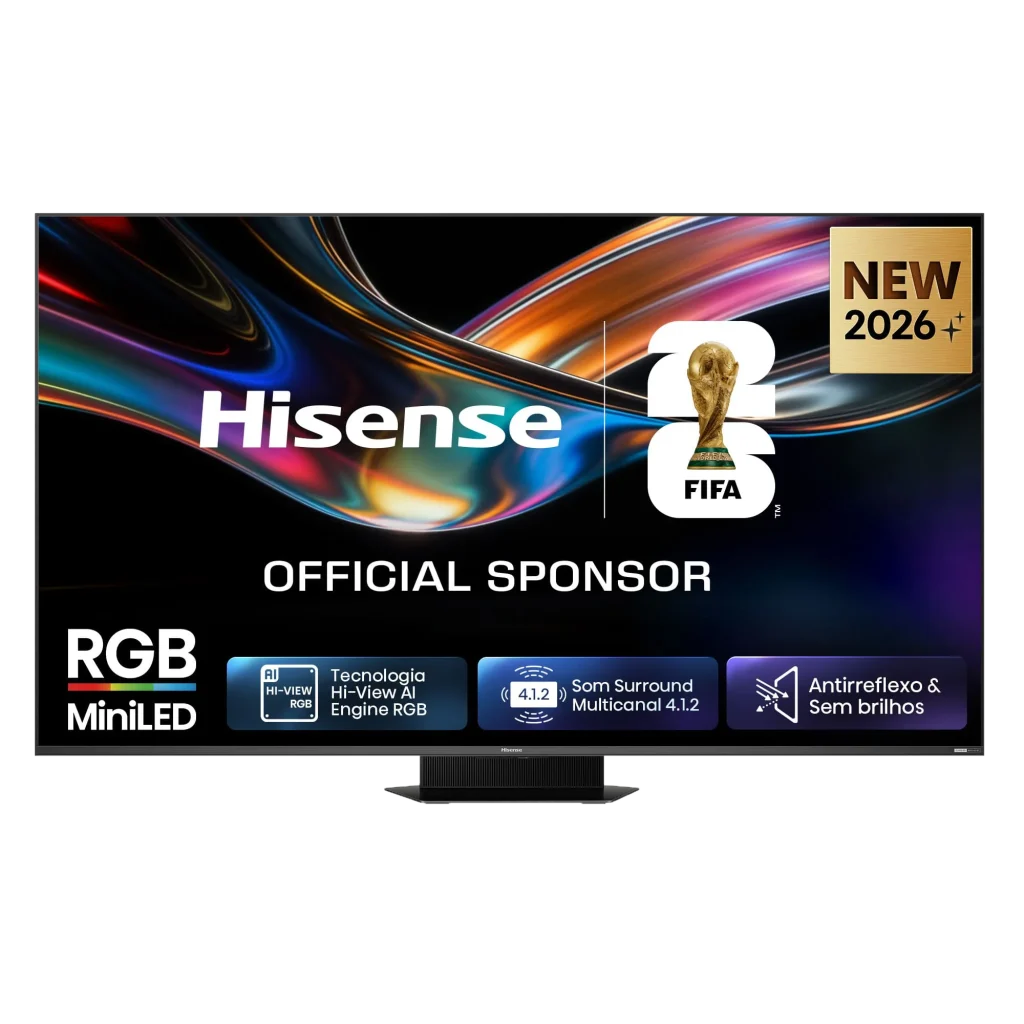 Televisão Hisense RGB MiniLED, patrocinador oficial do Mundial 2026.