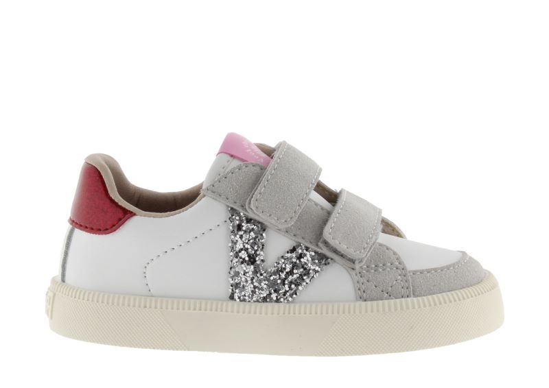Sapatilhas infantis brancas com glitter e velcro cinza