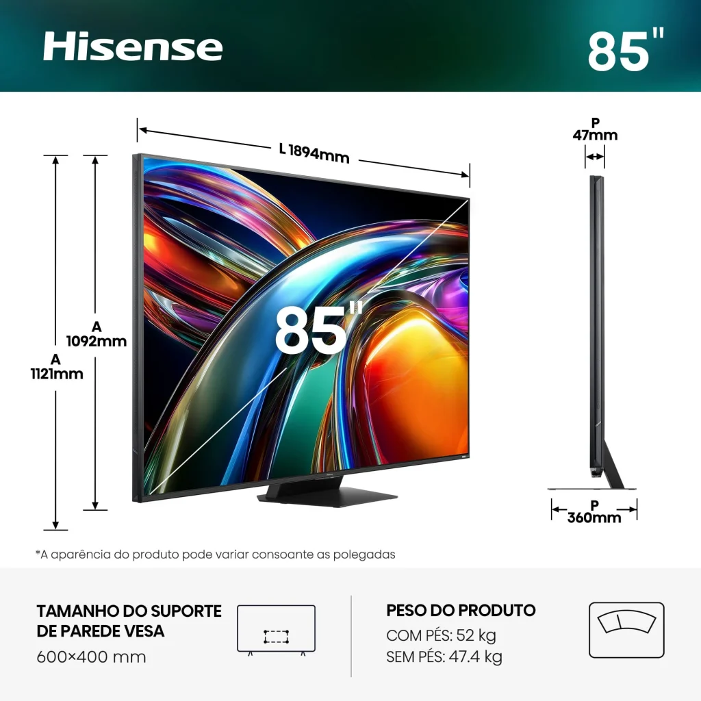 Infográfico com dimensões da televisão Hisense de 85 polegadas.