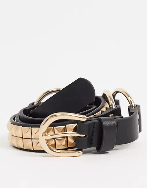 ASOS DESIGN slim belt in black faux leather with gold studding and buckle