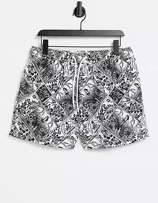 Topman recycled polyester tiki print swim short in black