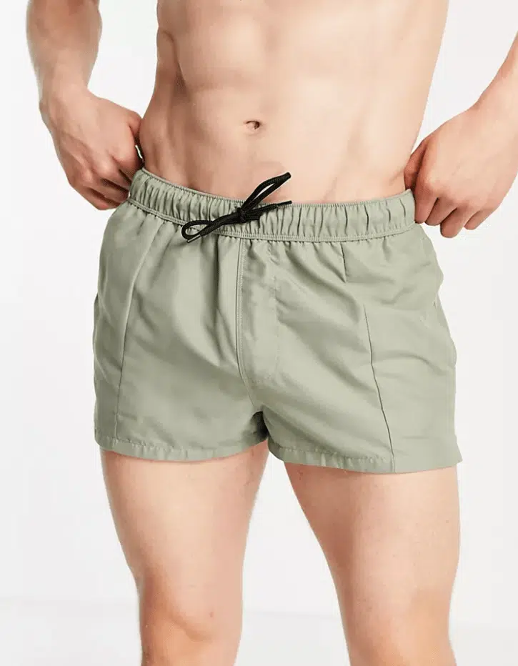 ASOS DESIGN swim shorts in light khaki super short length with pin tucks