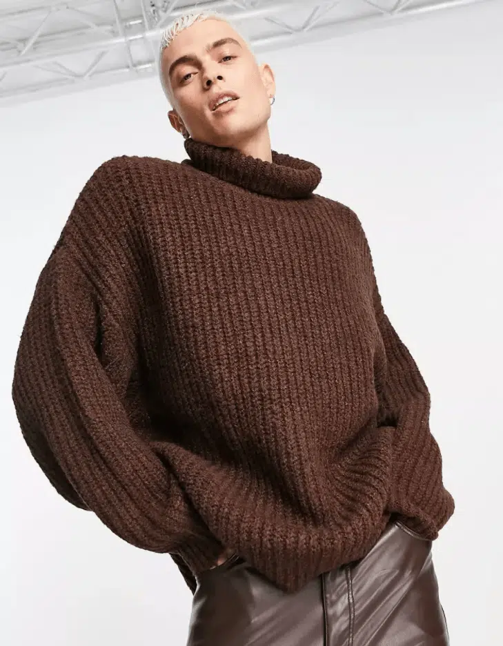 ASOS DESIGN oversized chunky knit roll neck jumper in brown