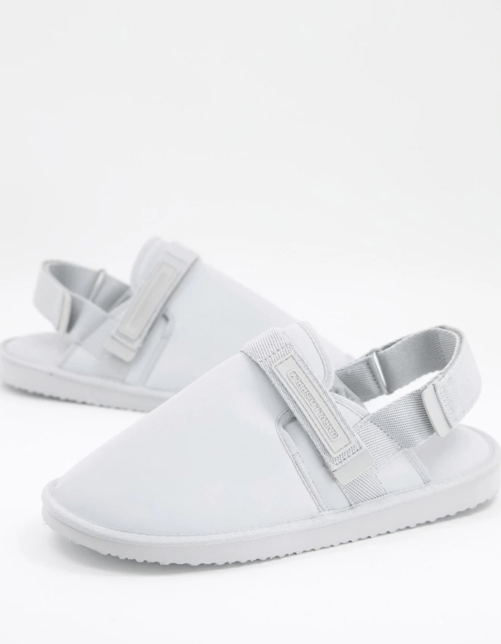 ASOS Unrvlld Spply slip on tech slippers in ice grey with back strap