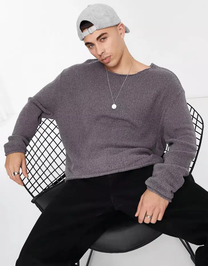 ASOS DESIGN knitted oversized textured jumper in charcoal