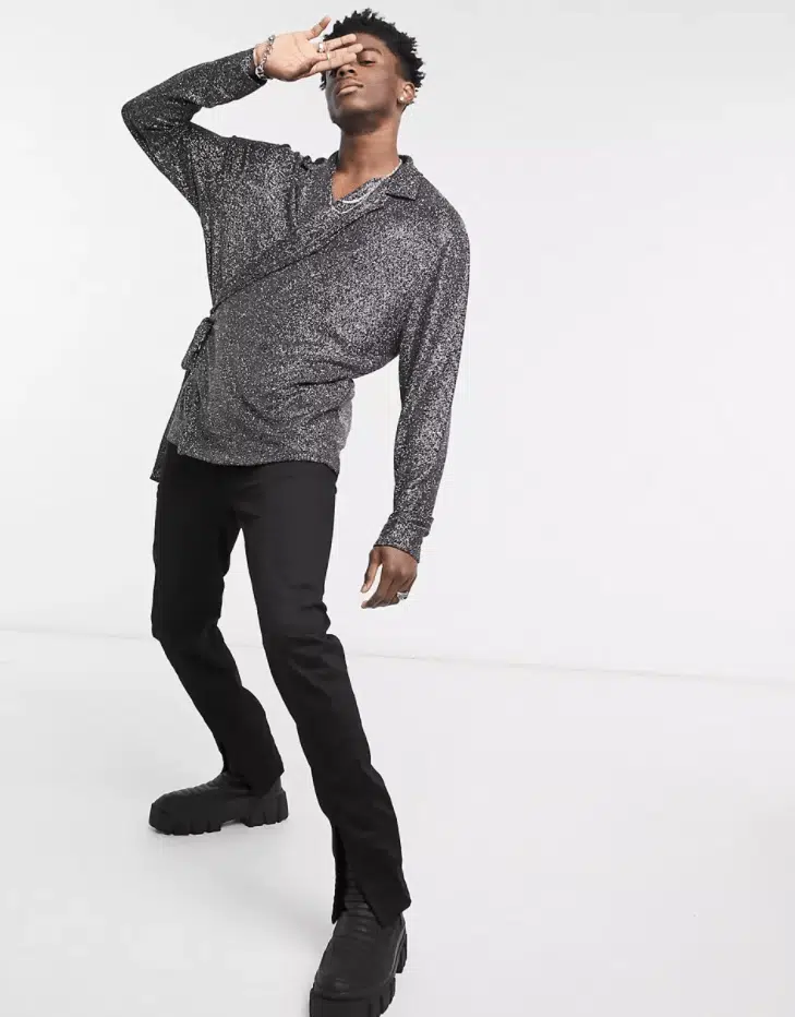 ASOS DESIGN relaxed long sleeve wrap shirt in black metallic jersey