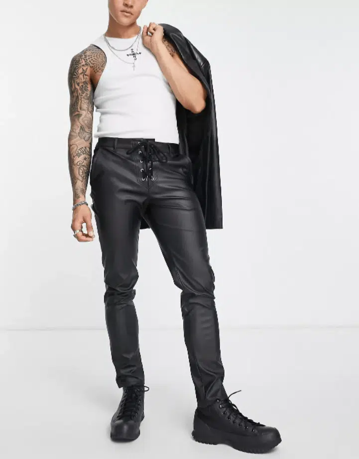 ASOS DESIGN skinny faux leather trousers with tie waist in black