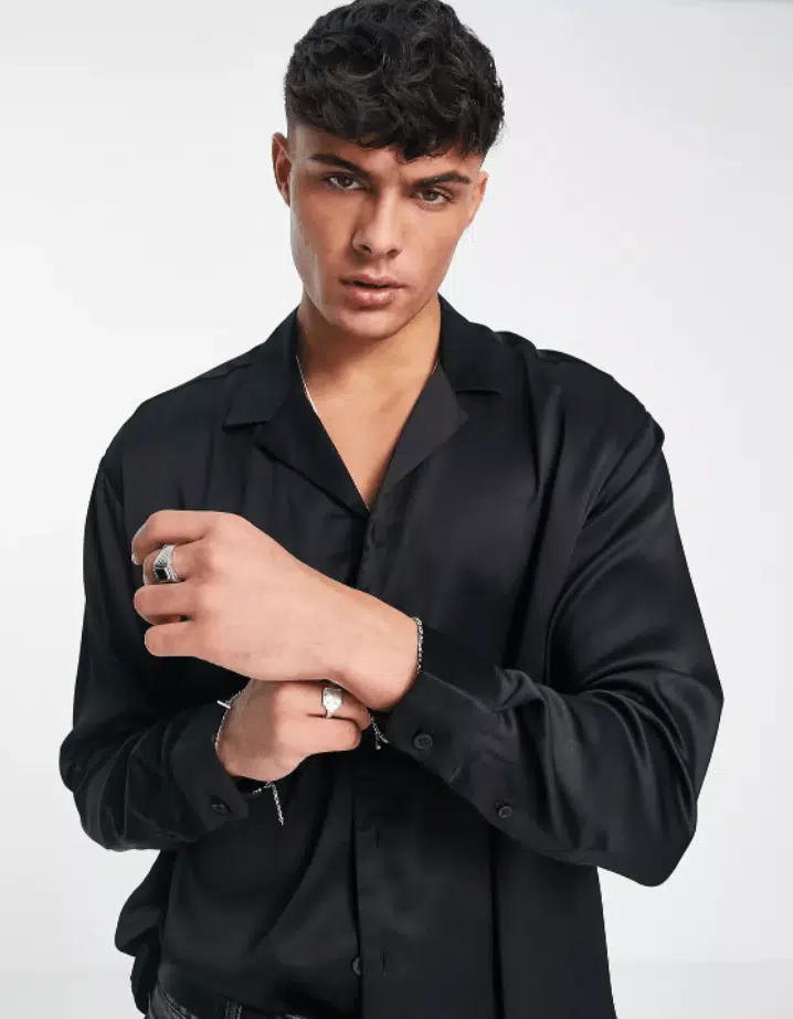 New Look oversized long sleeve satin shirt in black