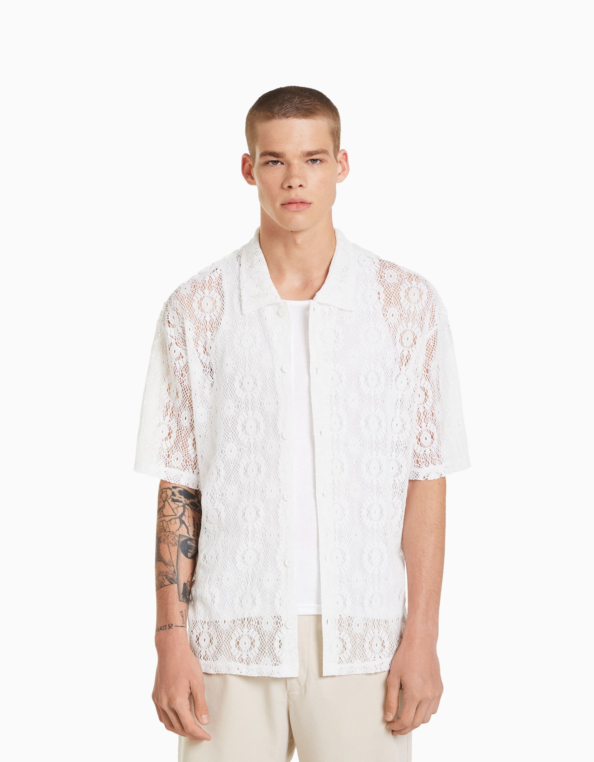 Camisa de manga curta em crochet - Bershka