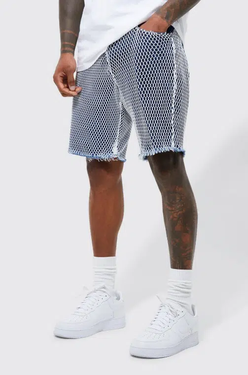 STRAIGHT RIGID MESH OVERLAY DENIM SHORTS