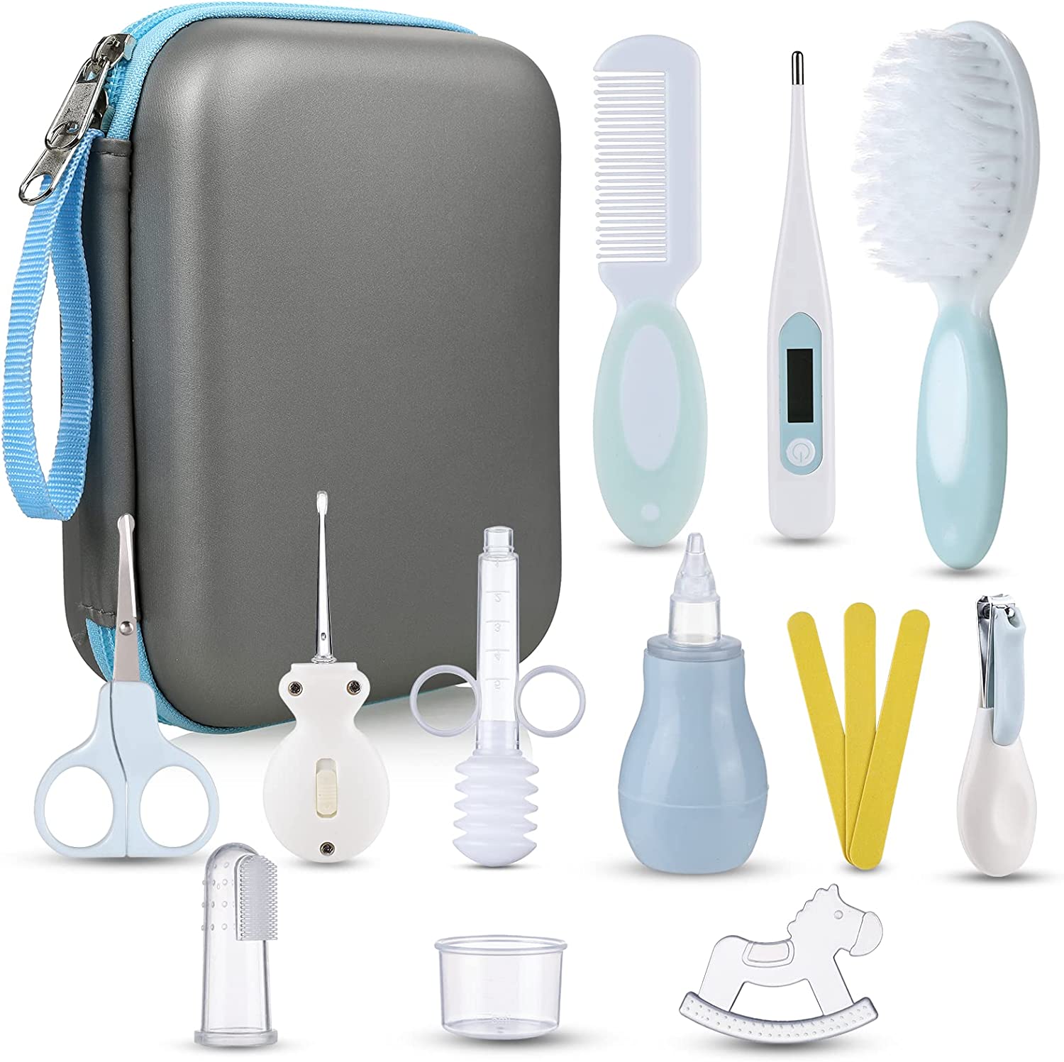 Lictin Conjunto para cuidados do bebé - Conjunto 15 peças de higiene para bebés com colher de orelha com LED, escova de cabelo e pente, corta-unhas, escova de dentes de dedo para viagem e para uso diário.