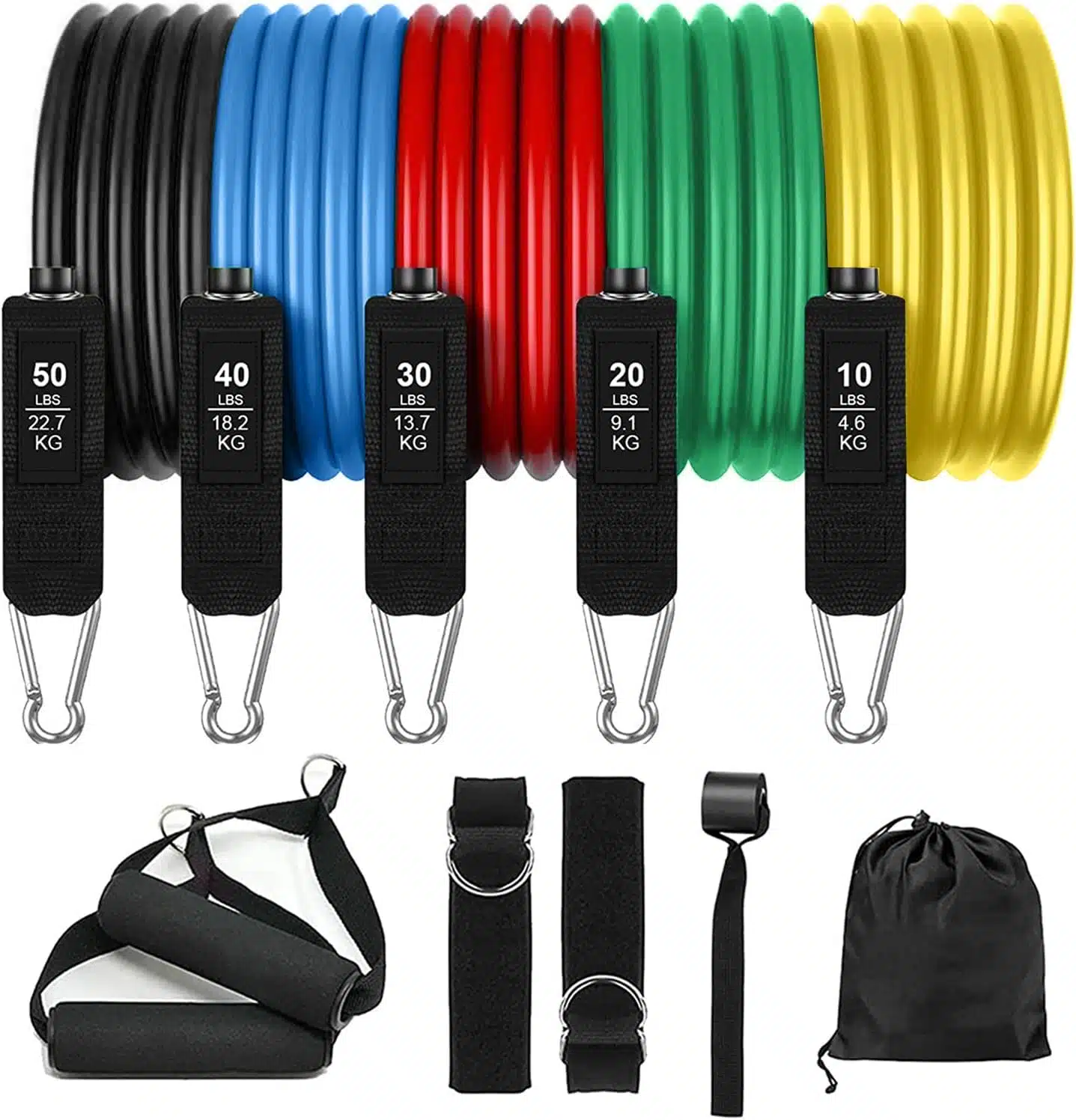 Faixas de resistÃªncia - tubos de expansÃ£o faixas de borracha banda de fitness com 5 faixas de fitness, alÃ§as grandes, correias para os pÃ©s, Ã¢ncora de porta, bolsa de transporte