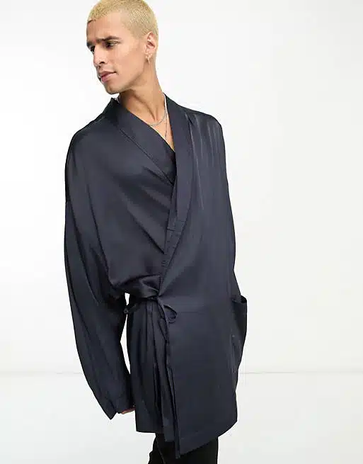 ASOS DESIGN satin wrap kimono in navy