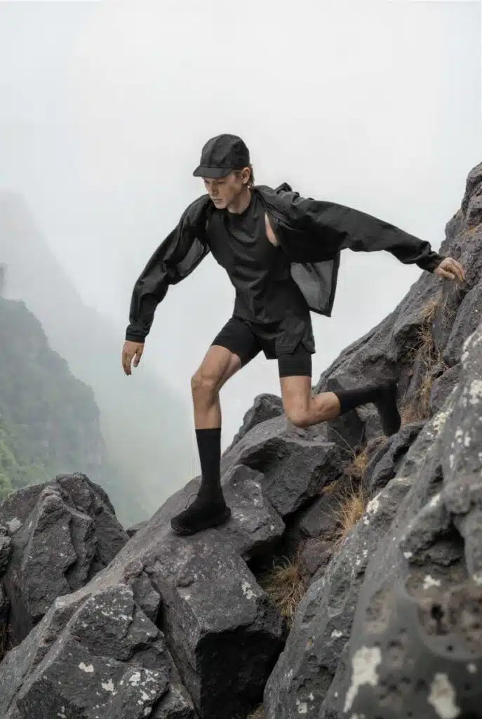 Homem a escalar montanha com roupa desportiva.