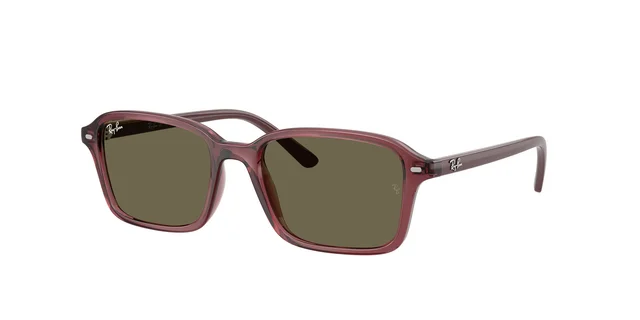 Modelo retangular clássico de óculos de sol para crianças criado pela Ray Ban com moldura em polímero em tons escuros de violeta e lentes sólidas.