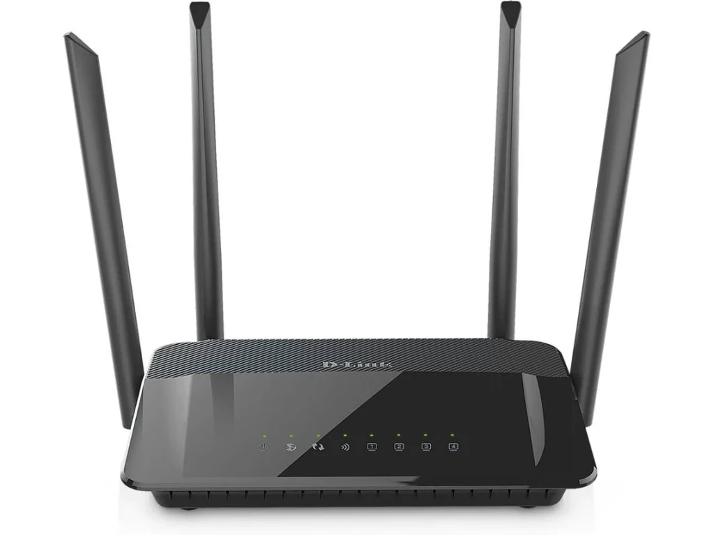 Roteador Wi-Fi preto com quatro antenas visíveis.