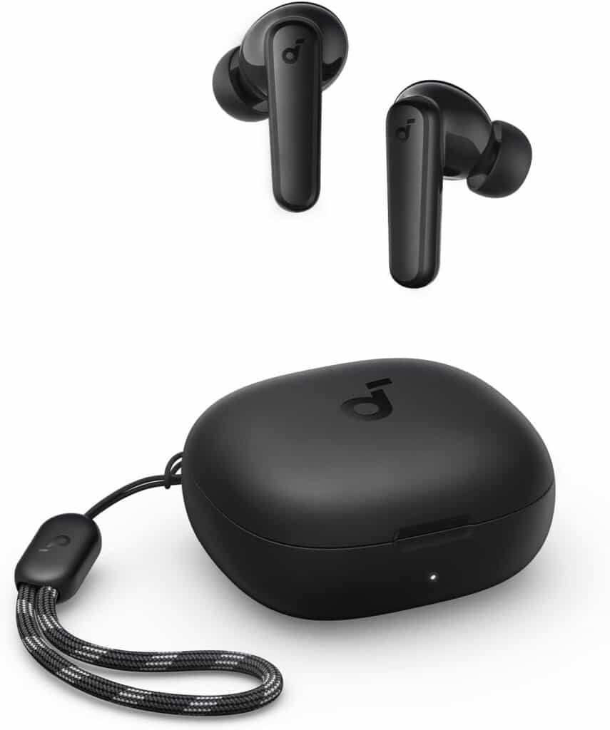 Auriculares sem fios pretos com caixa de carregamento.
