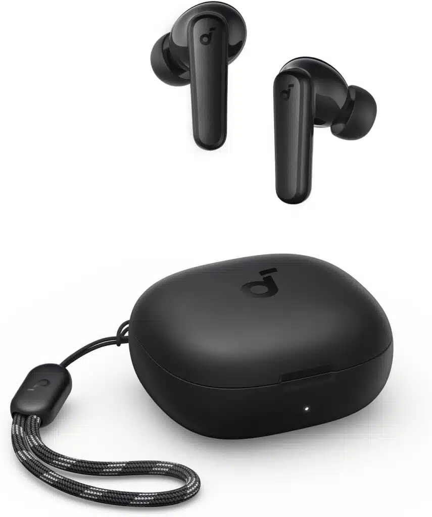Auriculares sem fios pretos com caixa de carregamento.