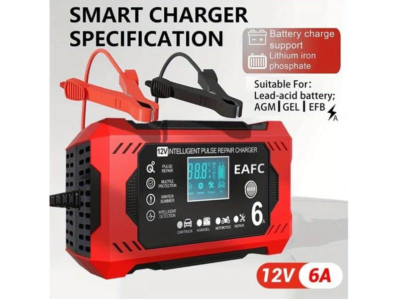 Carregador inteligente de baterias 12V 6A com visor LCD.