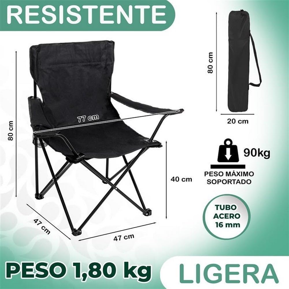 Cadeira dobrável leve, resistente até 90kg, transporte fácil.