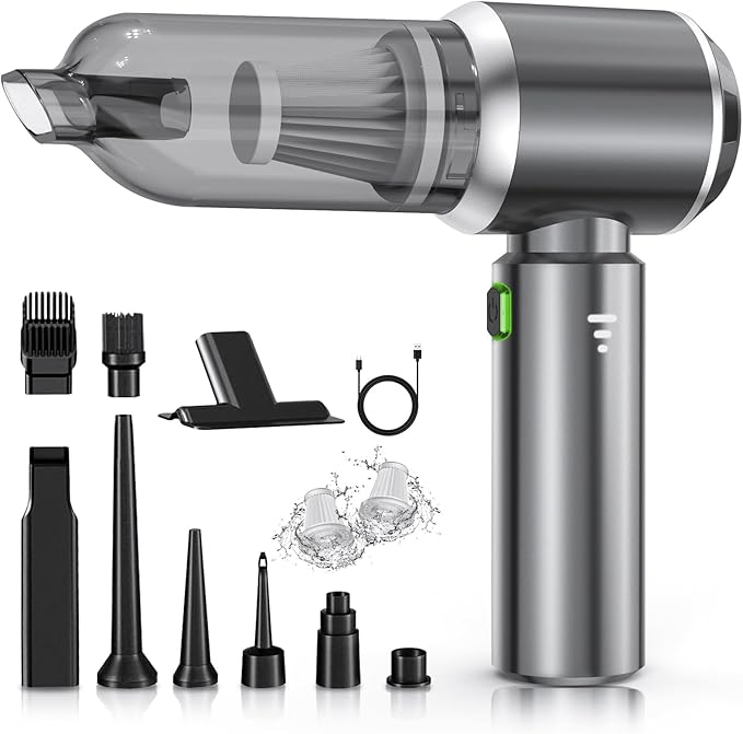 Aspirador portátil com vários acessórios incluídos.