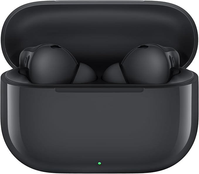 Auriculares sem fios pretos com estojo de carregamento.