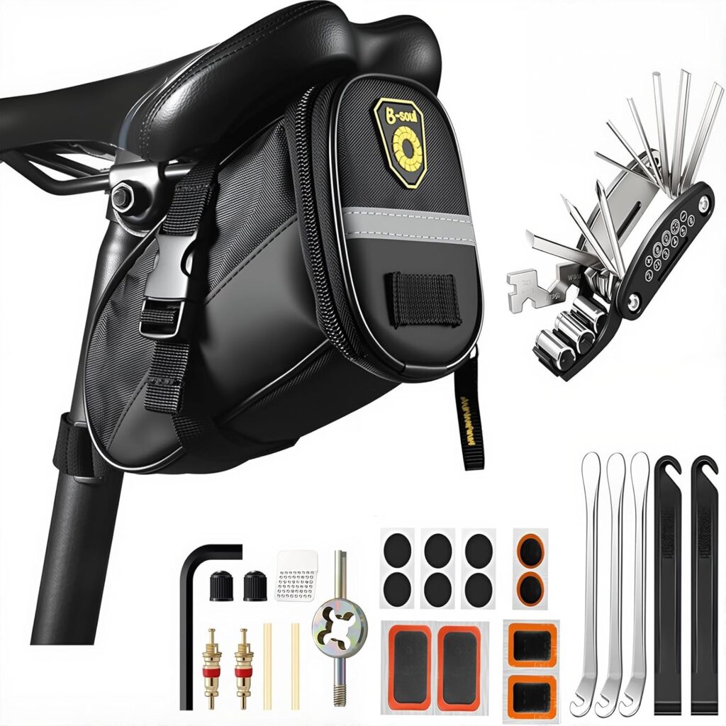 Kit reparação de bicicletas com bolsa e ferramentas.
