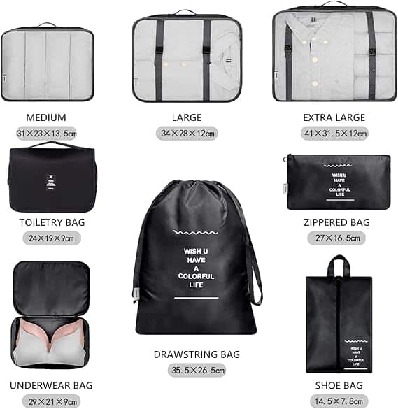 Conjunto de malas de viagem organizadoras de vários tamanhos.