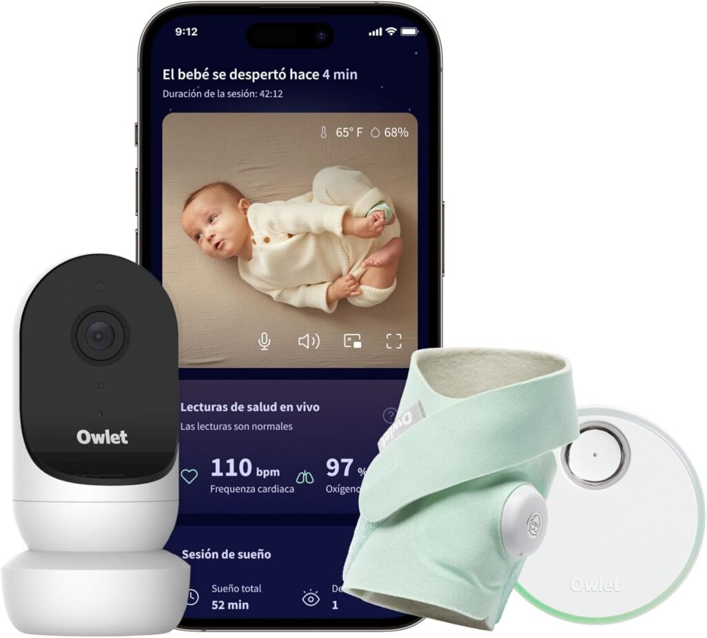 Monitor de bebé inteligente Owlet com câmara e aplicação.