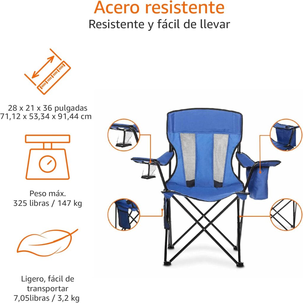 Cadeira camping azul, dobrável e resistente, fácil transporte.