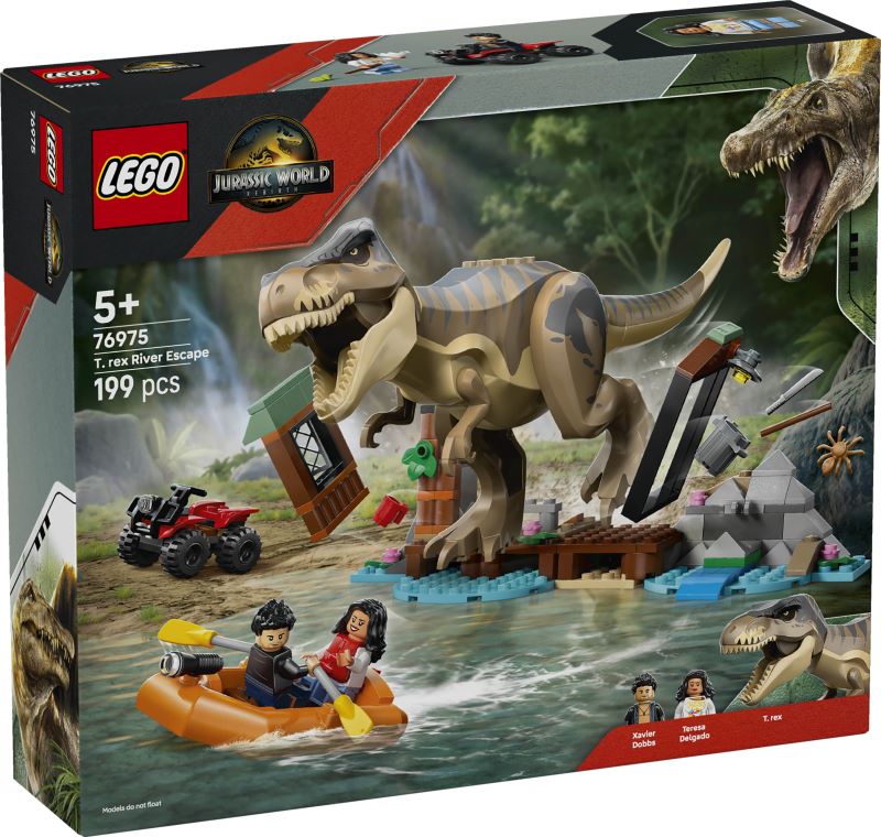 Caixa LEGO Jurassic World com T. rex e figuras.