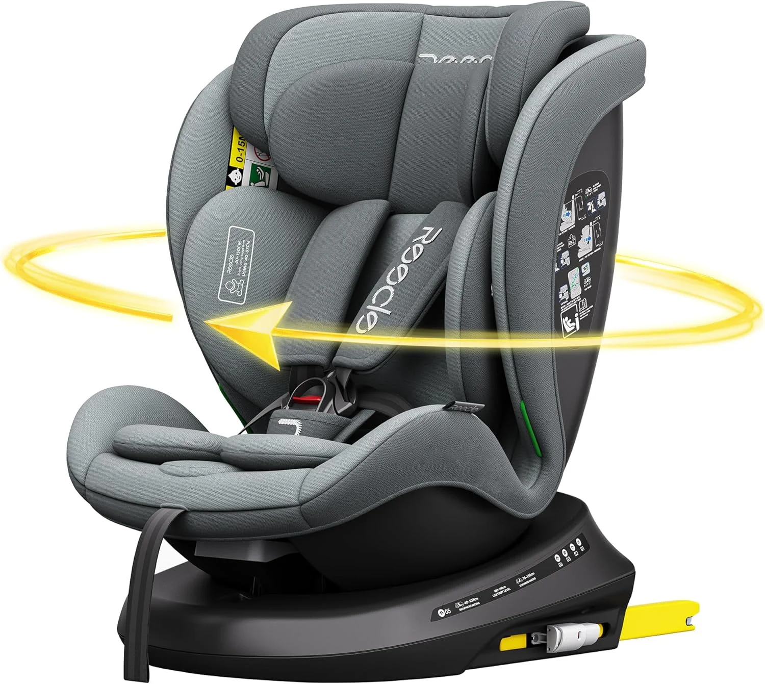 Cadeira auto cinzenta giratória de 360 graus com base ISOFIX