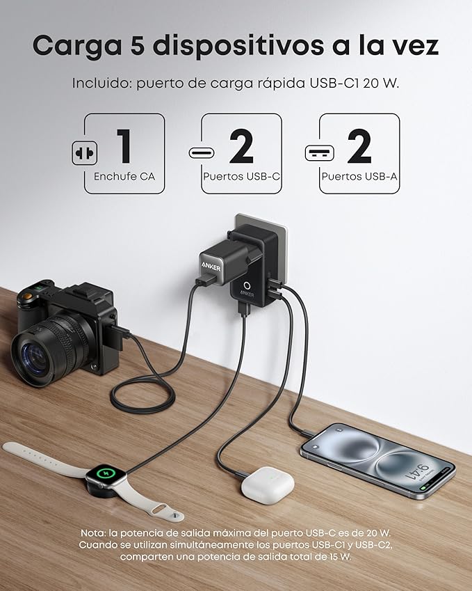 Carregador Anker carrega cinco dispositivos simultaneamente.
