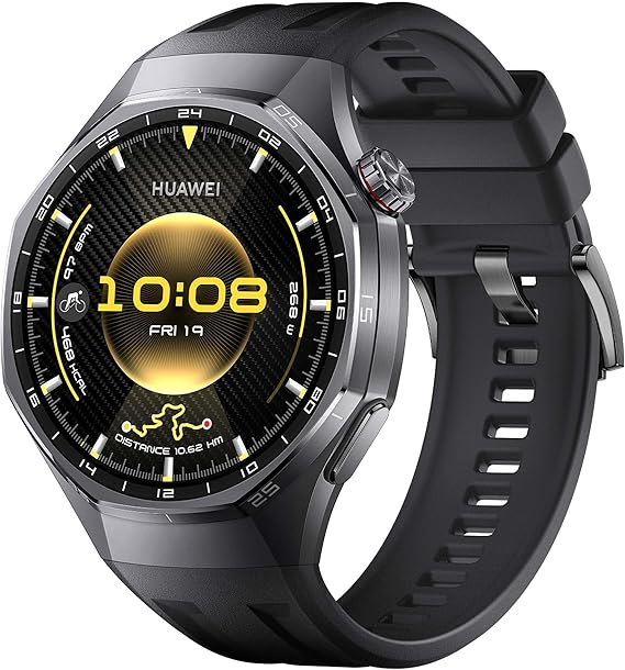 Smartwatch Huawei preto com mostrador digital amarelo