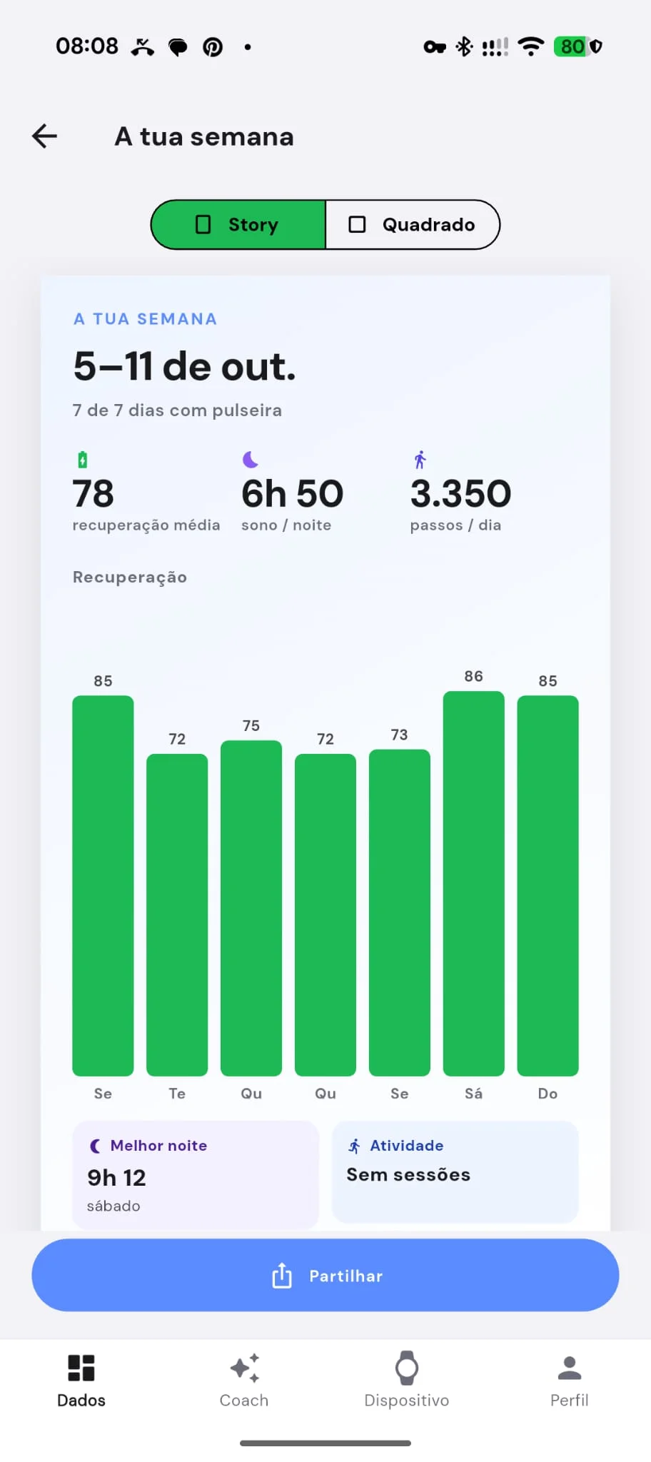 Interface da aplicação móvel DuckDik Sense a mostrar o ecrã da semana com um gráfico de barras verde de recuperação, média de sono e passos diários