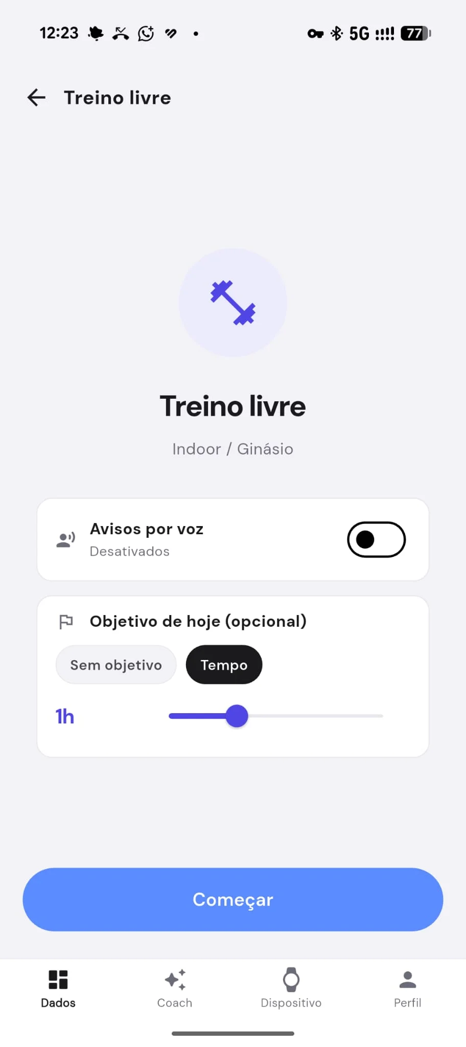 Interface da aplicação DuckDik Sense no telemóvel a exibir o ecrã de treino livre indoor com objetivo de uma hora.