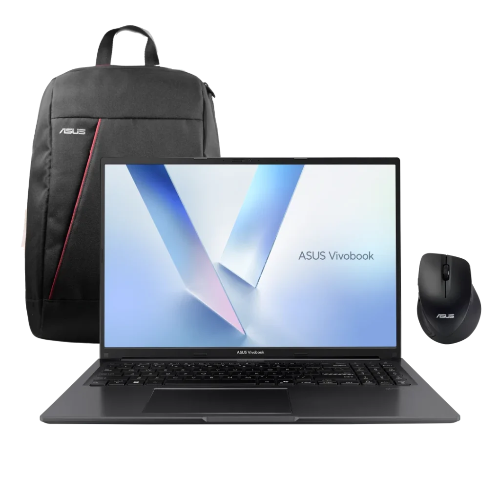 Portátil ASUS Vivobook preto com mochila e rato a condizer.