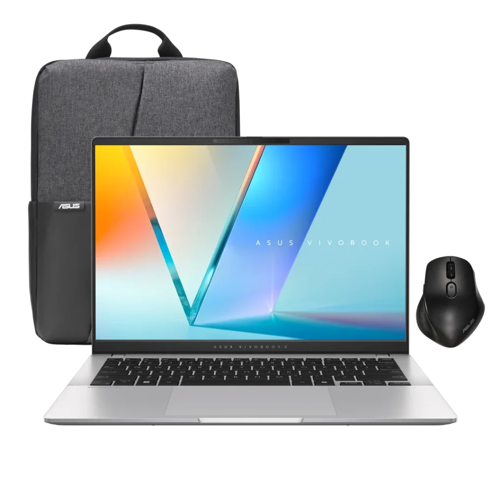 Portátil ASUS Vivobook com mochila e rato em fundo branco.