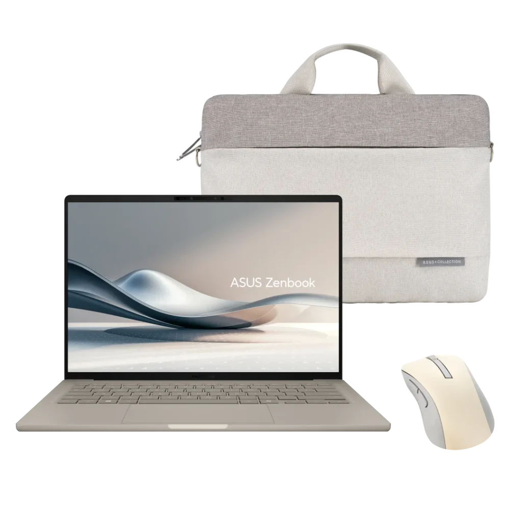 Portátil ASUS Zenbook com mala e rato sem fios.
