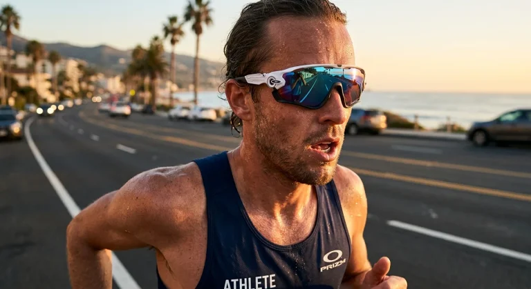 Atleta a correr numa estrada costeira ao pôr do sol.