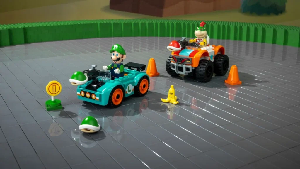 Luigi e Bowser Jr. em karts LEGO Mario Kart.