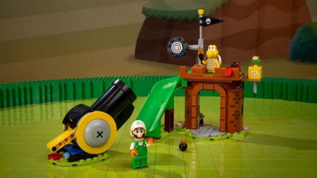 Conjunto LEGO Super Mario com Luigi, canhão e torre.