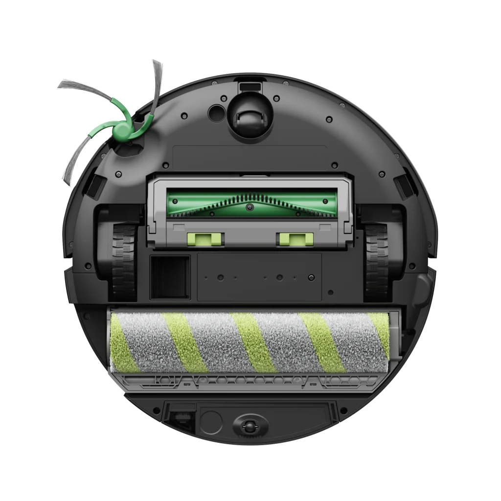 Parte inferior do aspirador robô Roomba Max 875 Combo com escova lateral verde, extrator central de borracha e rolo de lavagem listrado