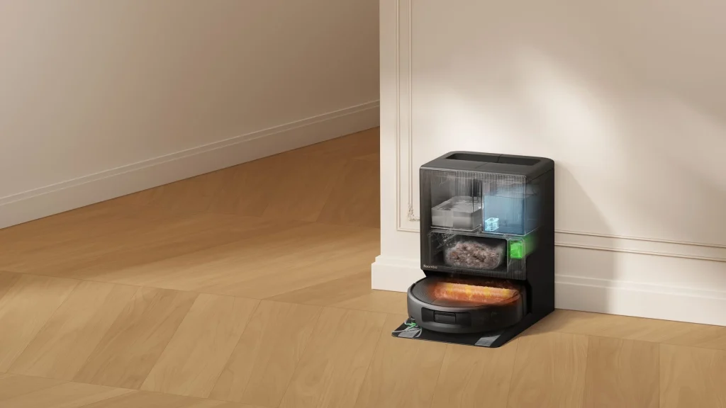 Aspirador robô Roomba Max 875 Combo acoplado à base de carregamento com vista transparente dos depósitos internos de água e lixo e rolo aquecido