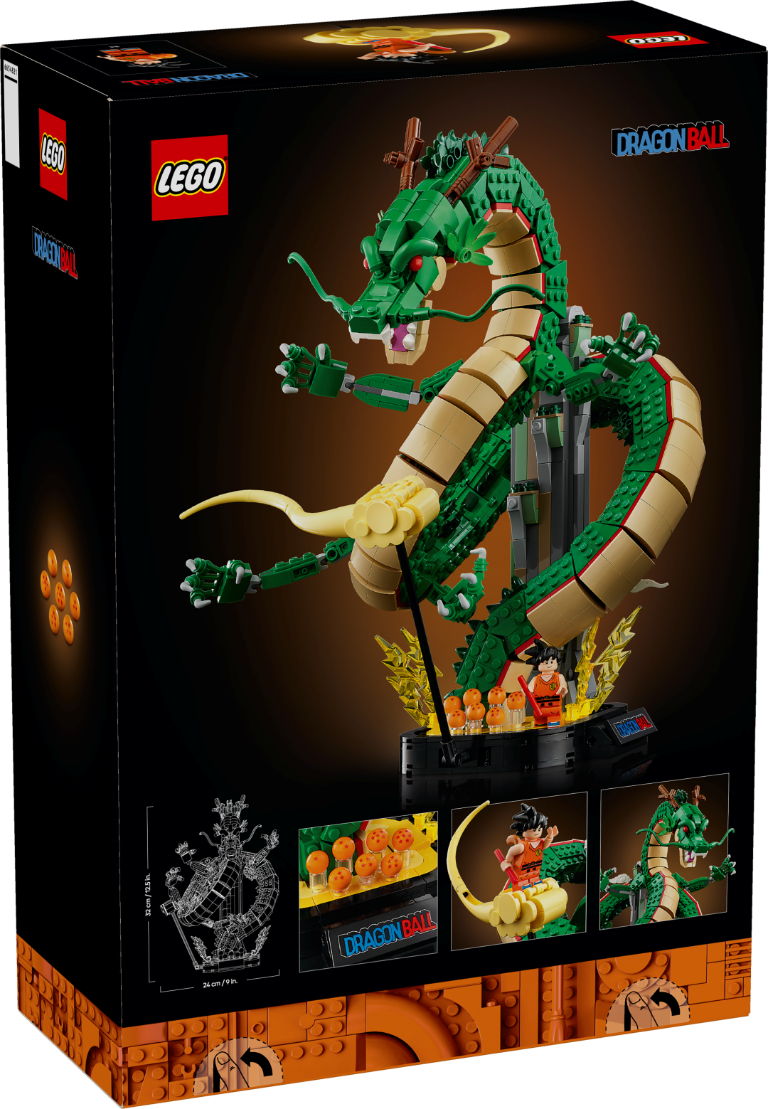 Caixa do set LEGO Dragon Ball exibindo o dragão Shenron verde montado, as sete bolas de cristal e a minifigura do Songoku.