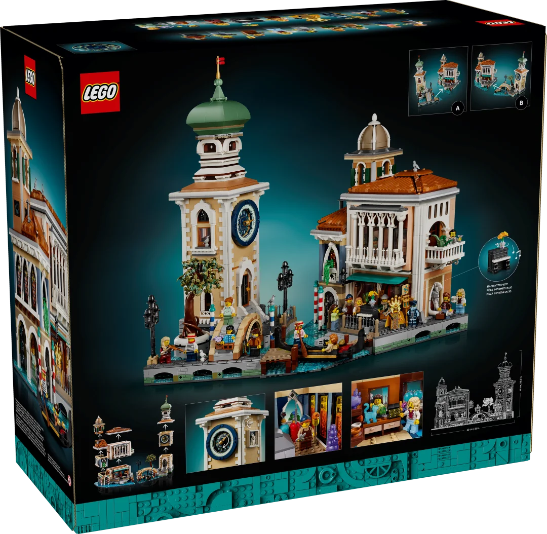 Parte traseira da caixa do set LEGO Icons Bairro de Veneza com o diorama completo, torre do relógio, canal, gôndola e imagens de pormenores interiores.