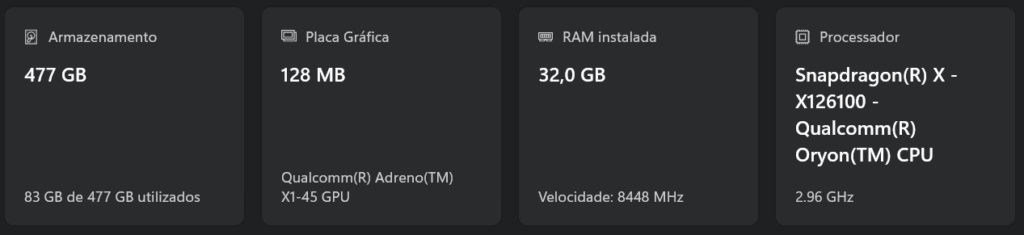 Especificações: armazenamento, gráfica, RAM, processador Snapdragon.