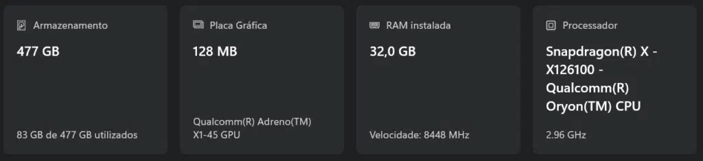 Especificações: armazenamento, gráfica, RAM, processador Snapdragon.