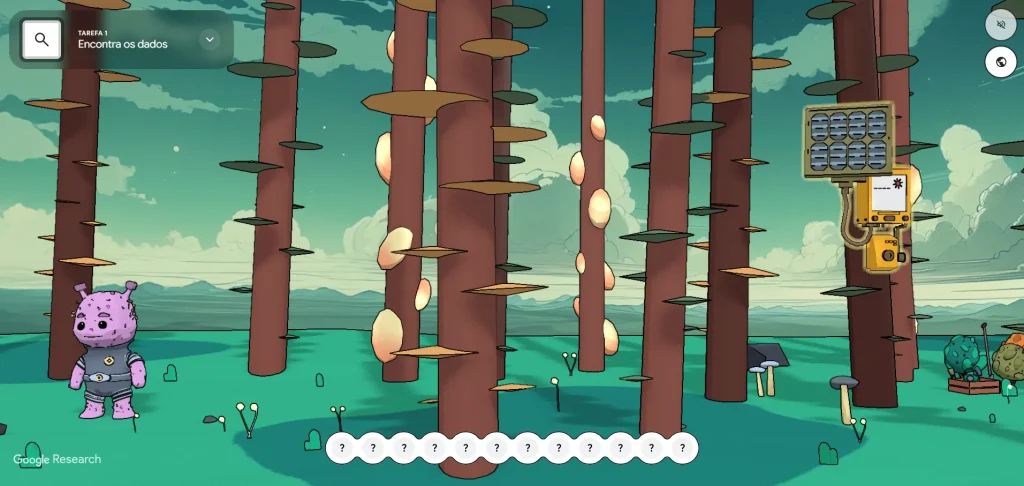 Alienígena roxo numa floresta ilustrada com árvores e painéis.